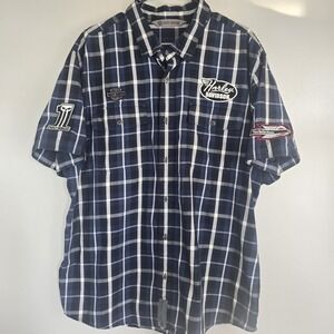 Harley Davidson Navy Multi-Patch Plaid Mechanic Short Sleeve Shirt Slim 2XL.D131